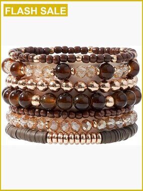 Boho Clay Bead Stretch Bracelet Set Stackable Gold Tone Elastic